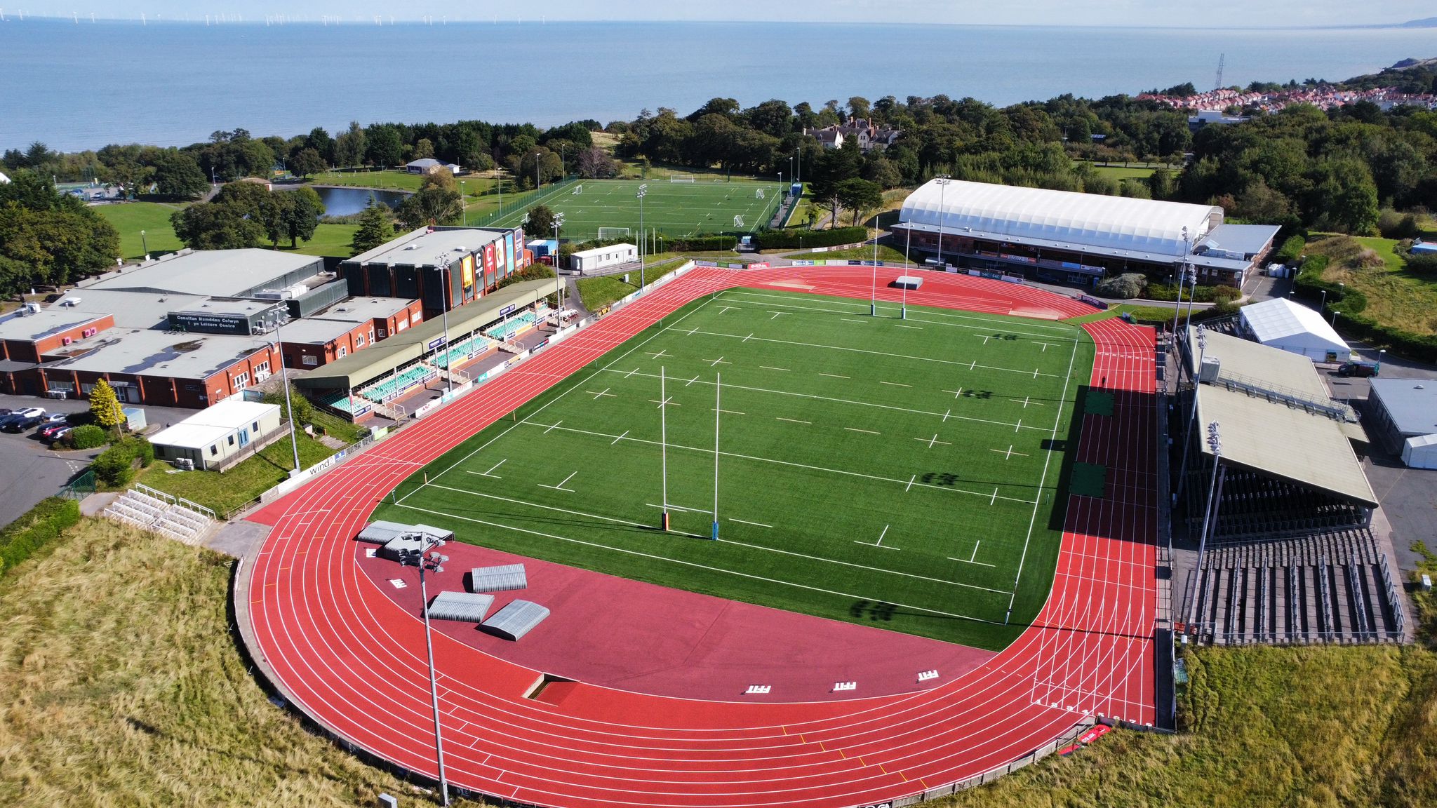 Overhead image of athletics track at Colwyn Bay 